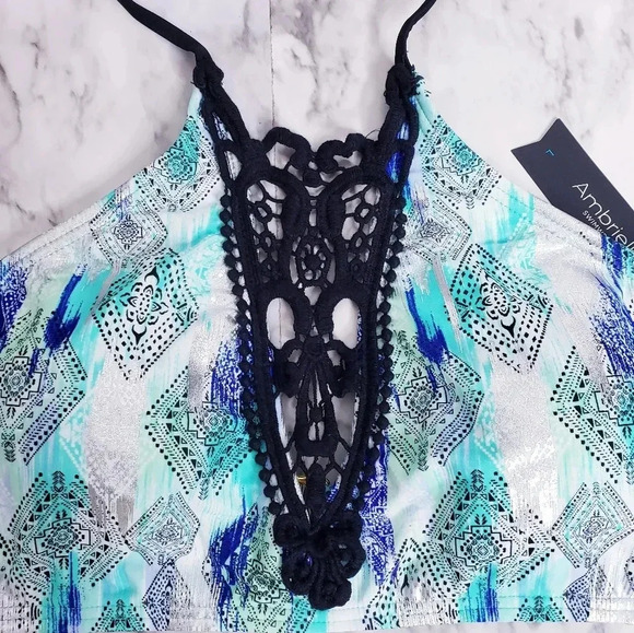 Ambrielle Bra Swimwear Sz Large High Neck Lace Pattern Halter Strap Geometric - Picture 6 of 16